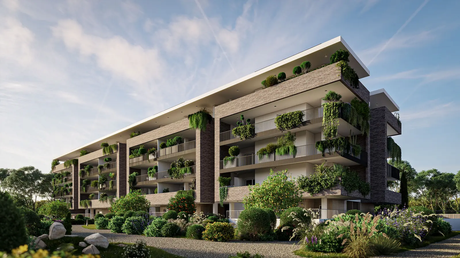 Angolo dell'edificio Quiet di giorno, con facciata in laterizio e logge